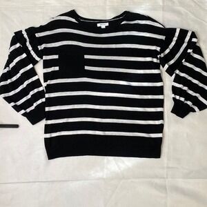 Nine West Women Sweater Medium Black White Stripe Academia Puff Sleeve